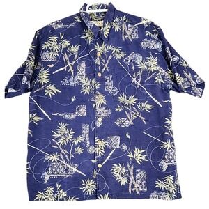 Orvis Silk Blue Bamboo Fishing Hawaiian Shirt Mens Medium Short Sleeve